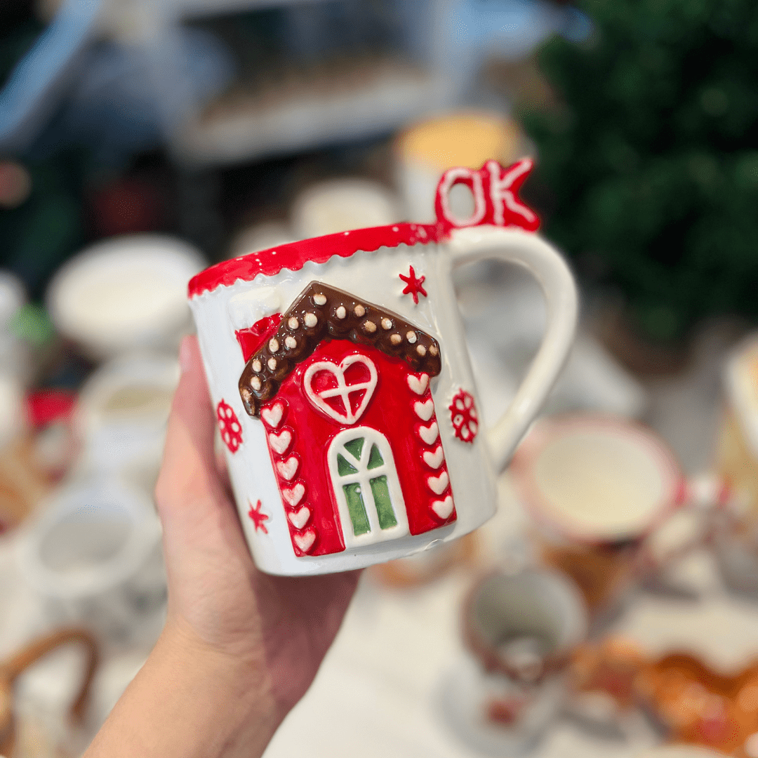 Caneca Natalina Casinha de Cerâmica 350ml 10cm