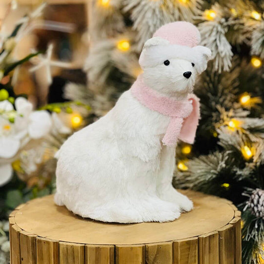 Urso de Natal Sentado de Sisal Rosa 38cm