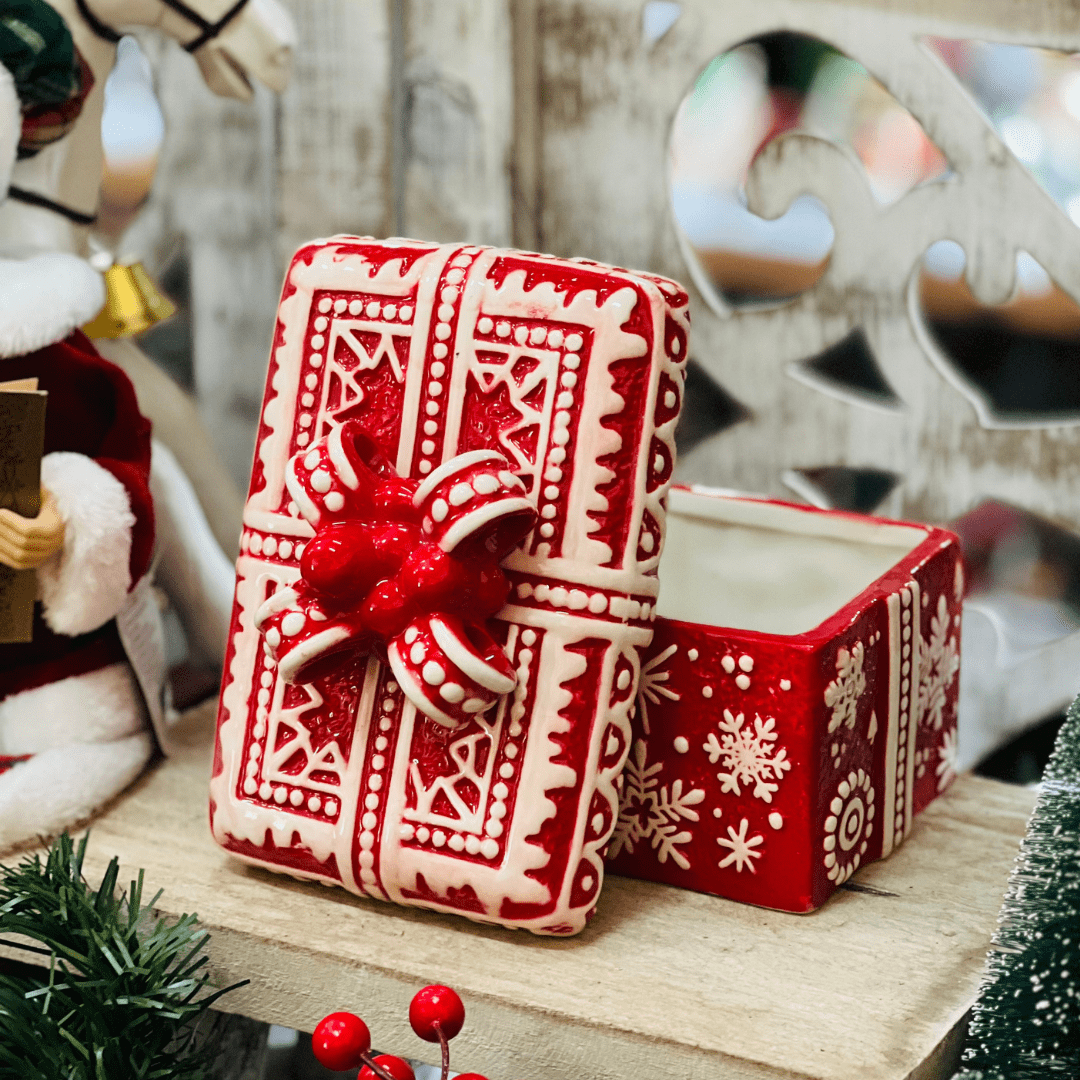 Pote Natalino Presente Vermelho e Branco de Cerâmica 18x13x15cm