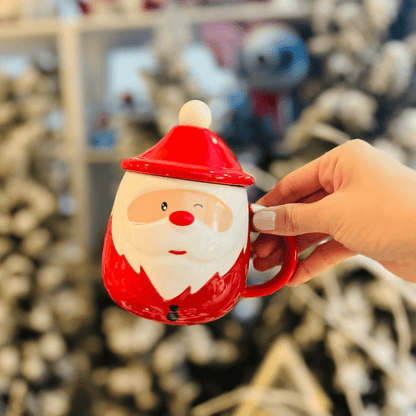 Caneca Papai Noel Com Colher e Tampa de Cerâmica 14cm