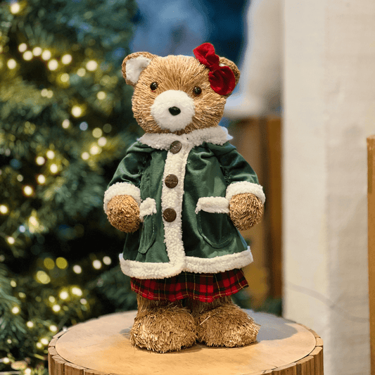 Ursa Natalina Com Casaco de Veludo Verde e Laço Vermelho 42cm