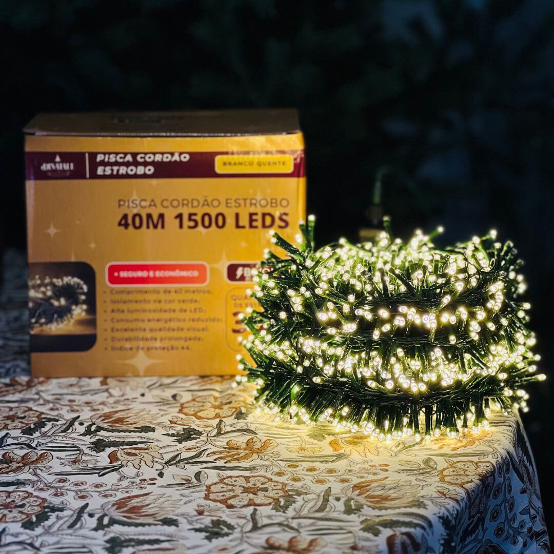 Cordão Estrobo Fio Verde 40m – 1.500 LEDs Branco Quente – Bivolt