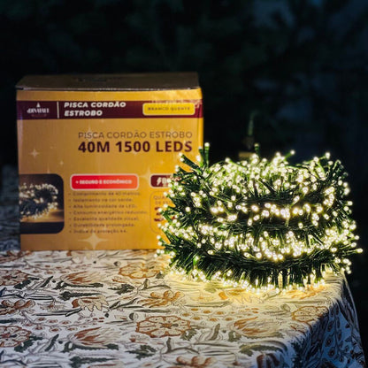 Cordão Estrobo Fio Verde 40m – 1.500 LEDs Branco Quente – Bivolt