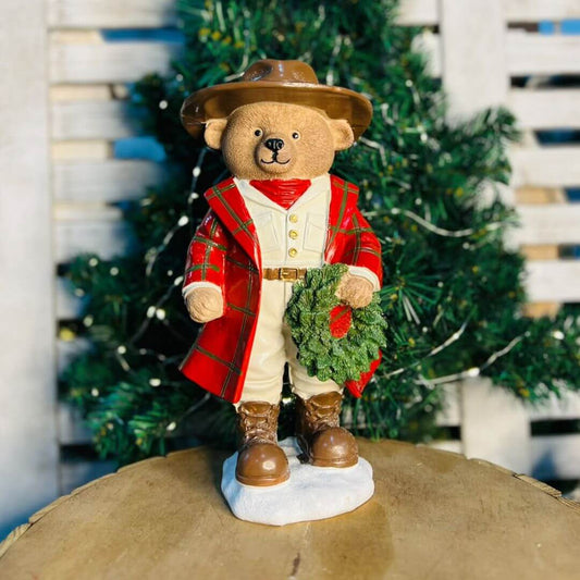 Urso Cowboy Resina 32cm Vermelho Verde