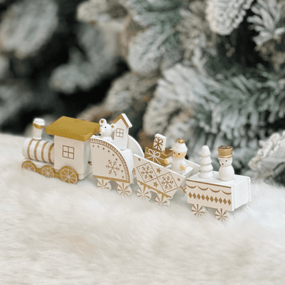 Trem Natalino Branco e Dourado de Madeira 22,5x7,3x2,8cm