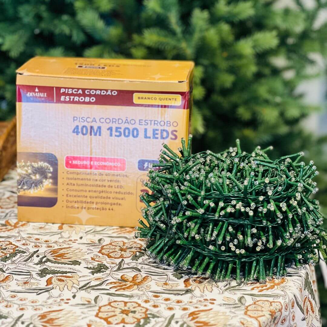 Cordão Estrobo Fio Verde 40m – 1.500 LEDs Branco Quente – Bivolt