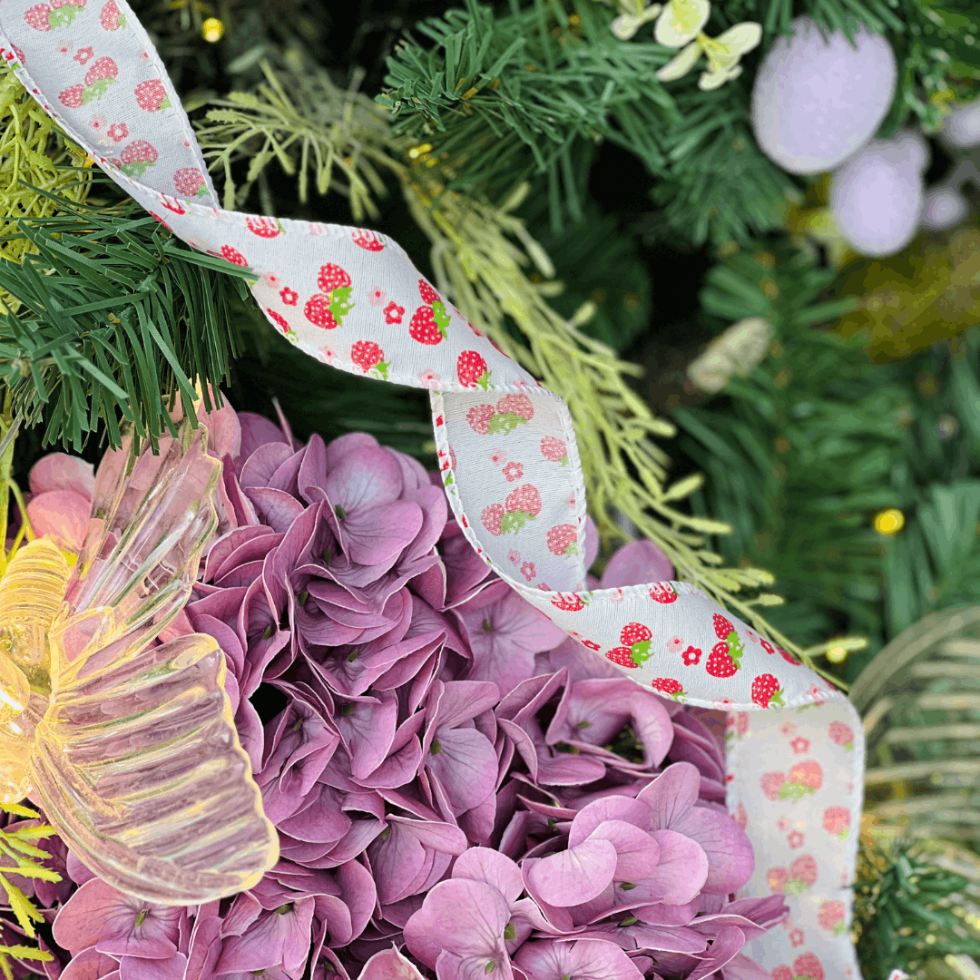 Fita Decorativa Aramada Morangos Branco e Vermelho 3,8cm x 9,14m