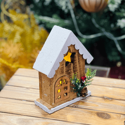 Casinha Com Led Natural e Branco de Madeira 19x14cm