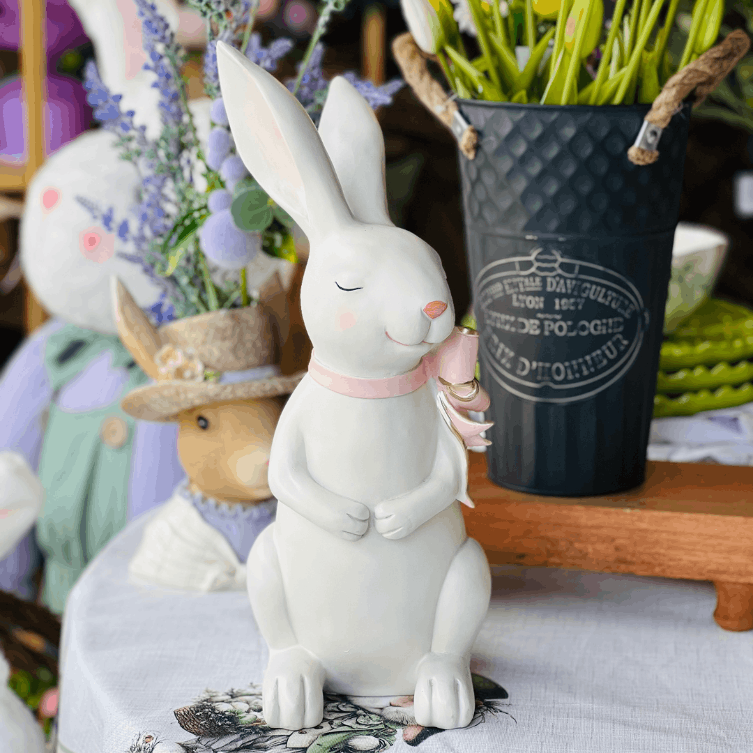 Coelho Com Laço Cute Family Branco e Rosa 38x14x18cm