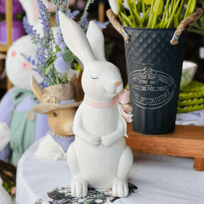 Coelho Com Laço Cute Family Branco e Rosa 38x14x18cm