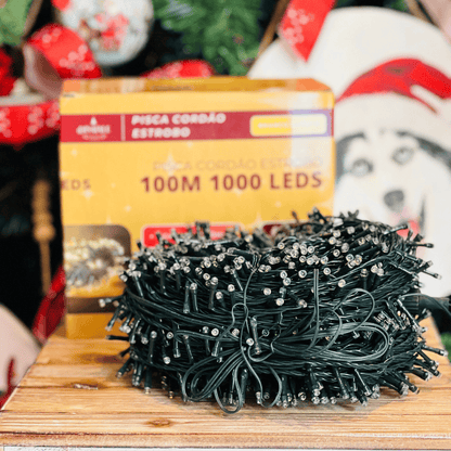 Pisca-pisca Led Estrobo Fio Verde 1000 Leds Branco Quente 100m