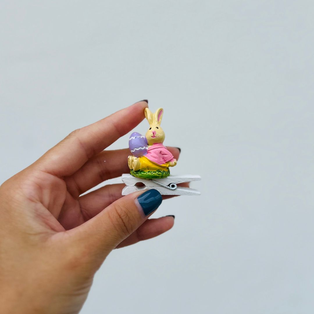 Jogo com 6 Prendedores de Coelho Com Ovo - 3,4cm Rosa