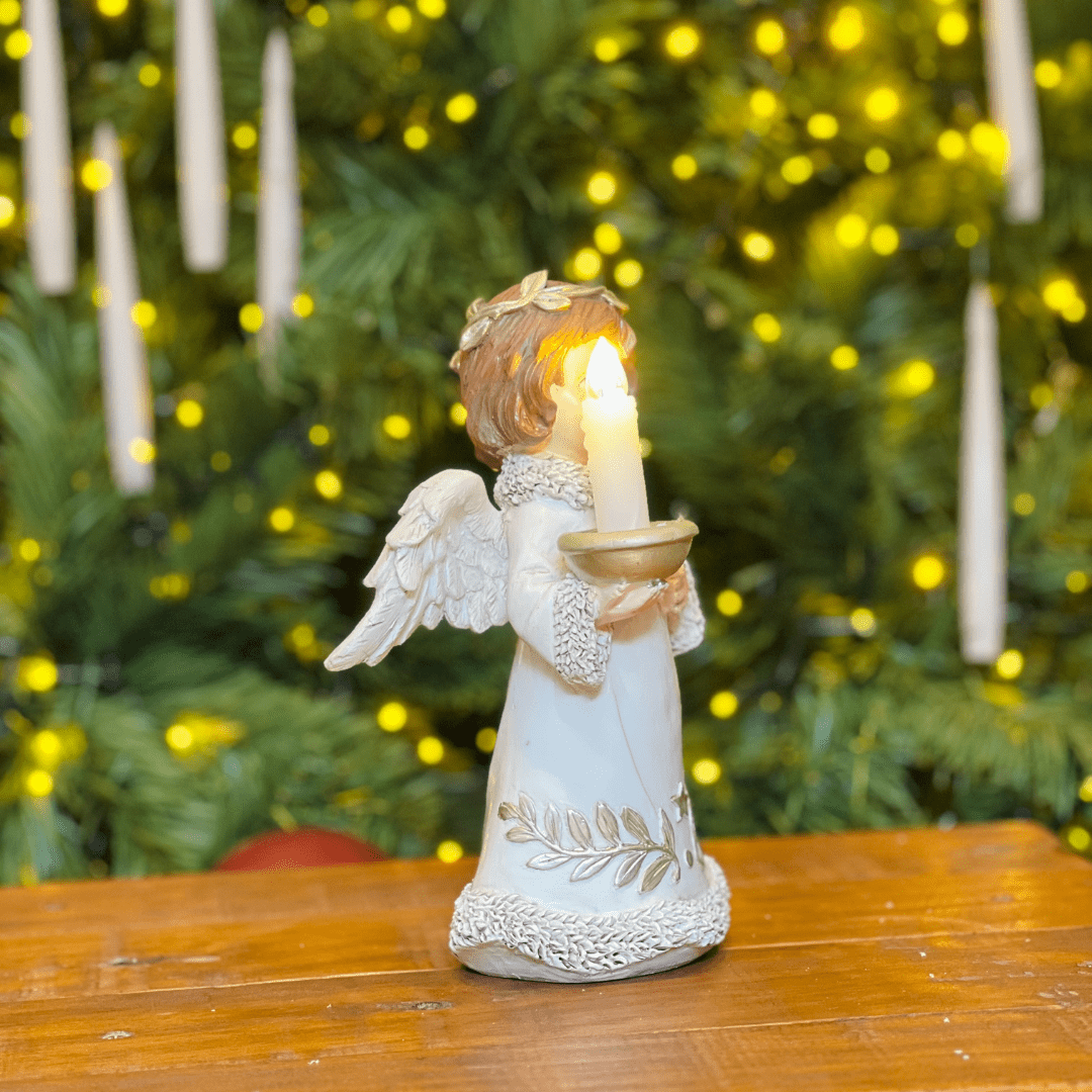 Anjo Natalino Branco de Resina Com Led 20,5x16,5x10cm