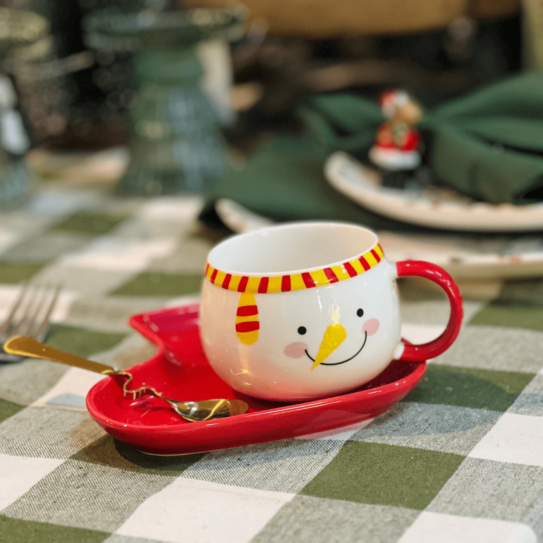 Caneca Natalina Boneco de Neve Com Pires de Bota e Colher 210ml 7cm