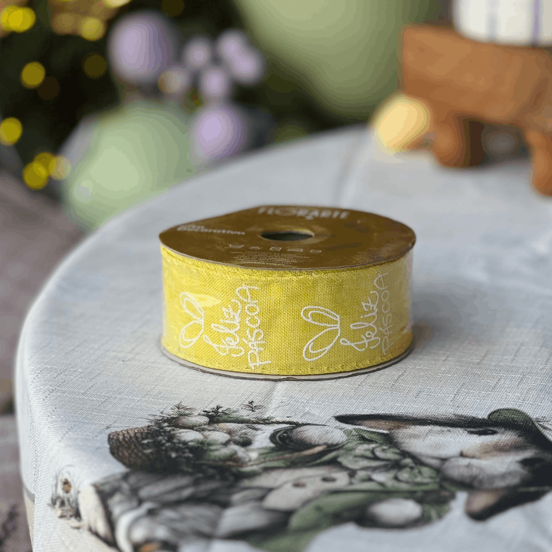 Fita Decorativa Aramada Feliz Páscoa Amarela 3,8cm x 9,14m