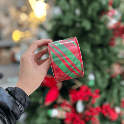 Fita Natalina Aramada Xadrez Vermelho e Verde 6,3cm x 9,14m