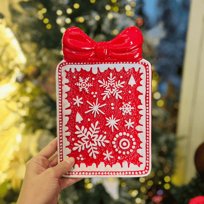 Travessa Em Formato de Presente Flocos de Neve 25x16cm