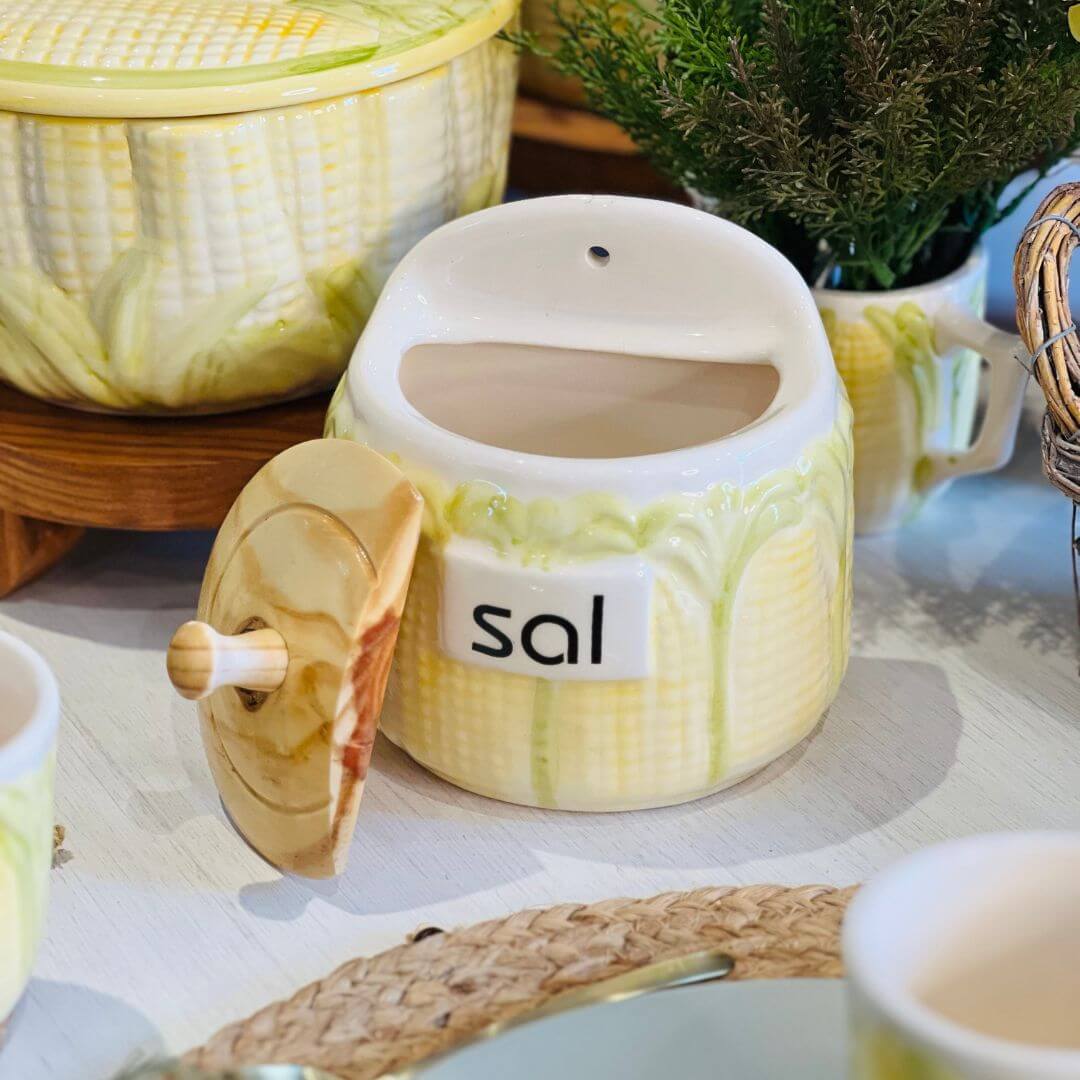 Saleiro Milho Com Tampa Madeira Decorado Pintado a Mão