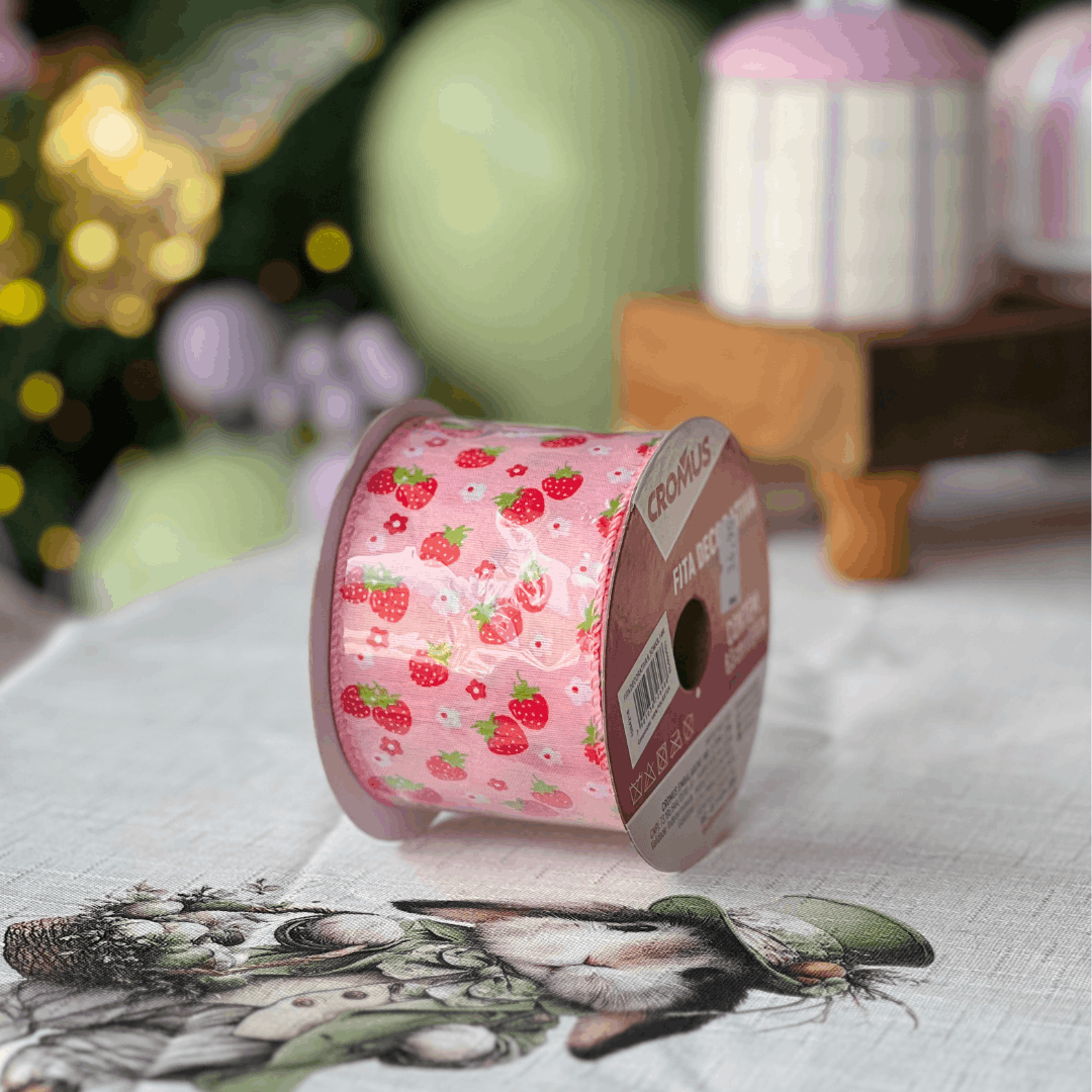 Fita Decorativa Aramada Morangos Rosa e Vermelho 6,3cm x 9,14m