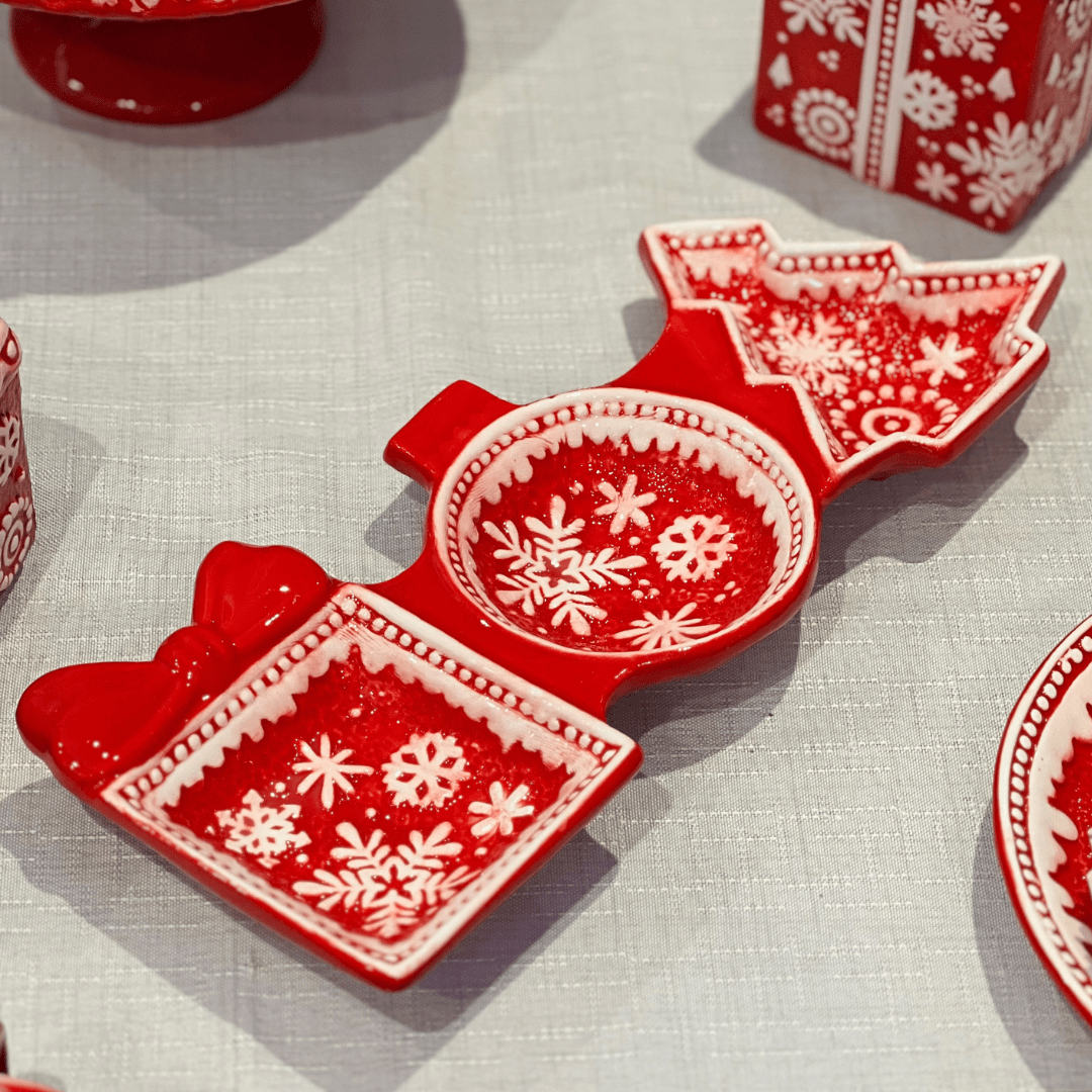 Petisqueira Natalina Flocos de Neve Vermelha de Cerâmica 34x15cm