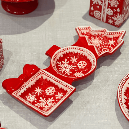 Petisqueira Natalina Flocos de Neve Vermelha de Cerâmica 34x15cm