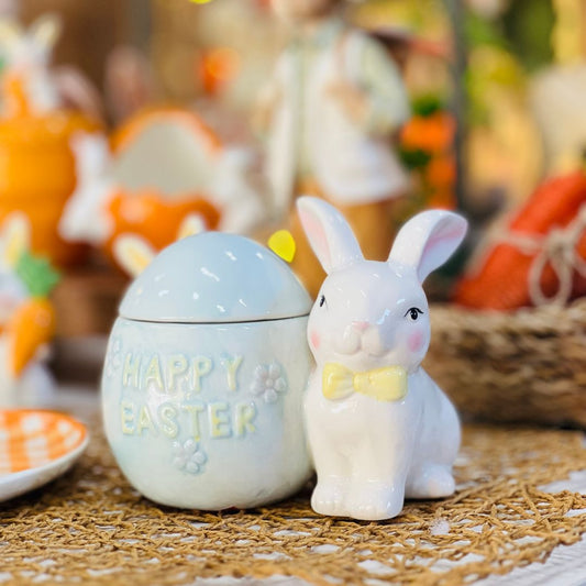 Pote Happy Easter Com Tampa - 16x11x13cm (Formato de Ovo e Coelho)