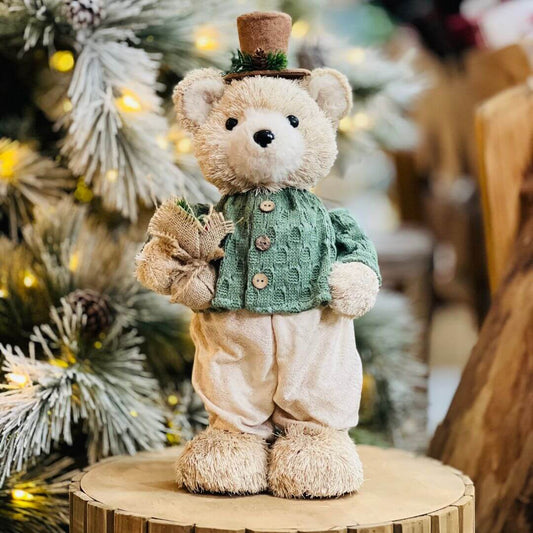 Urso de Natal Em Pe de Sisal Verde e Bege 47X23cm