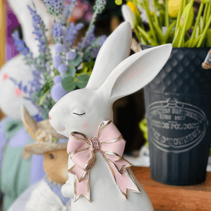 Coelho Com Laço Cute Family Branco e Rosa 38x14x18cm