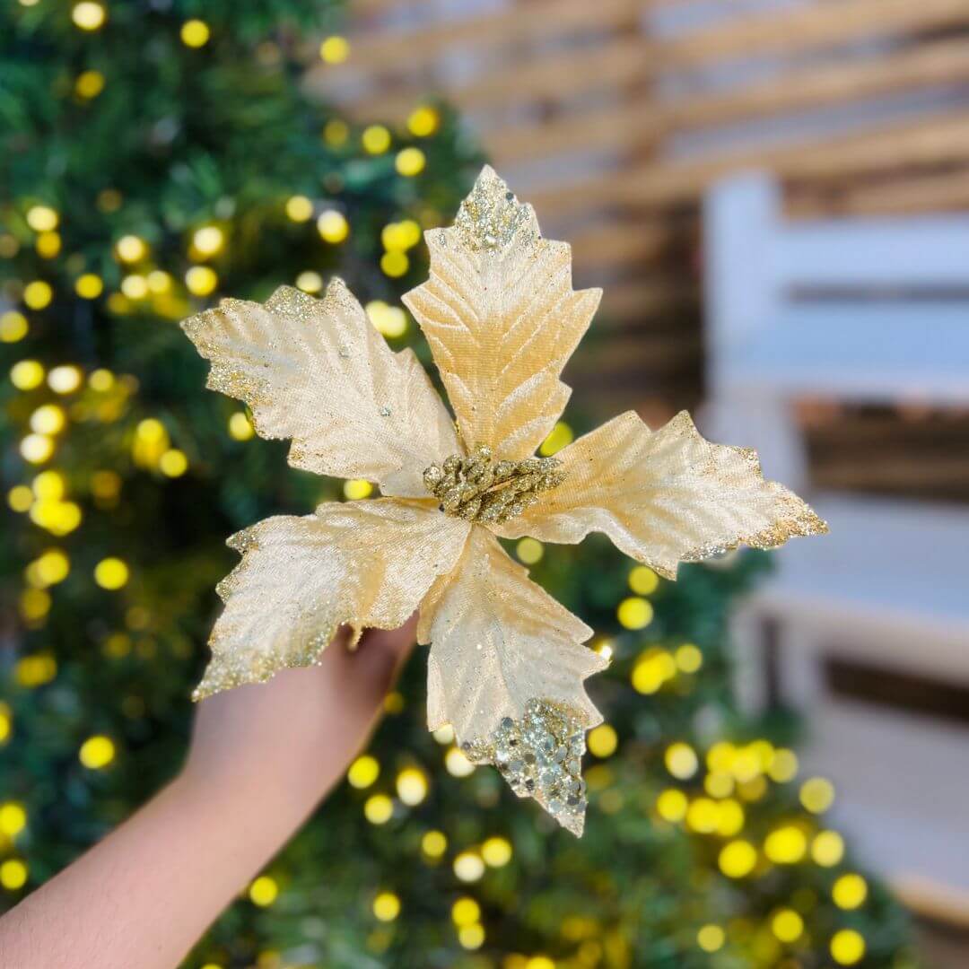Flor Decorativa Bico de Papagaio com Glitter Dourado – 21cm