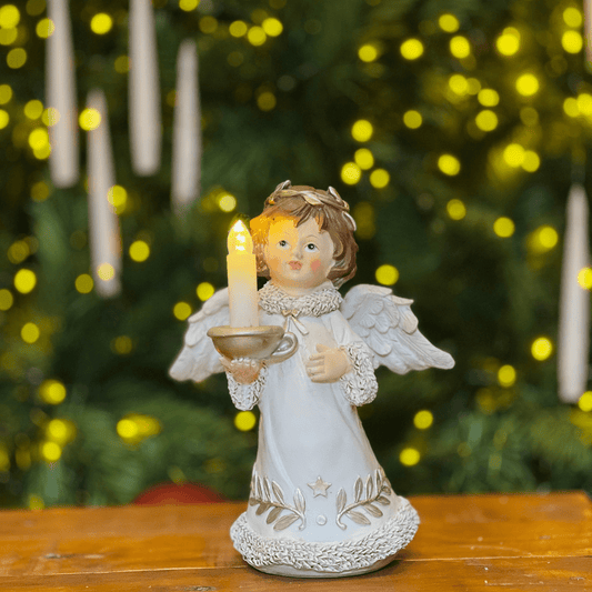 Anjo Natalino Branco de Resina Com Led 20,5x16,5x10cm