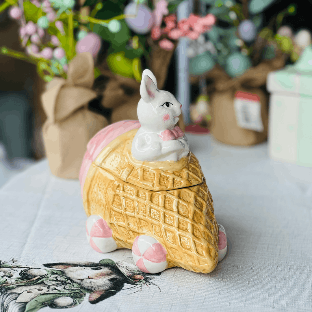 Pote Com Tampa Carrinho Sorvete de Cerâmica 18,5cm