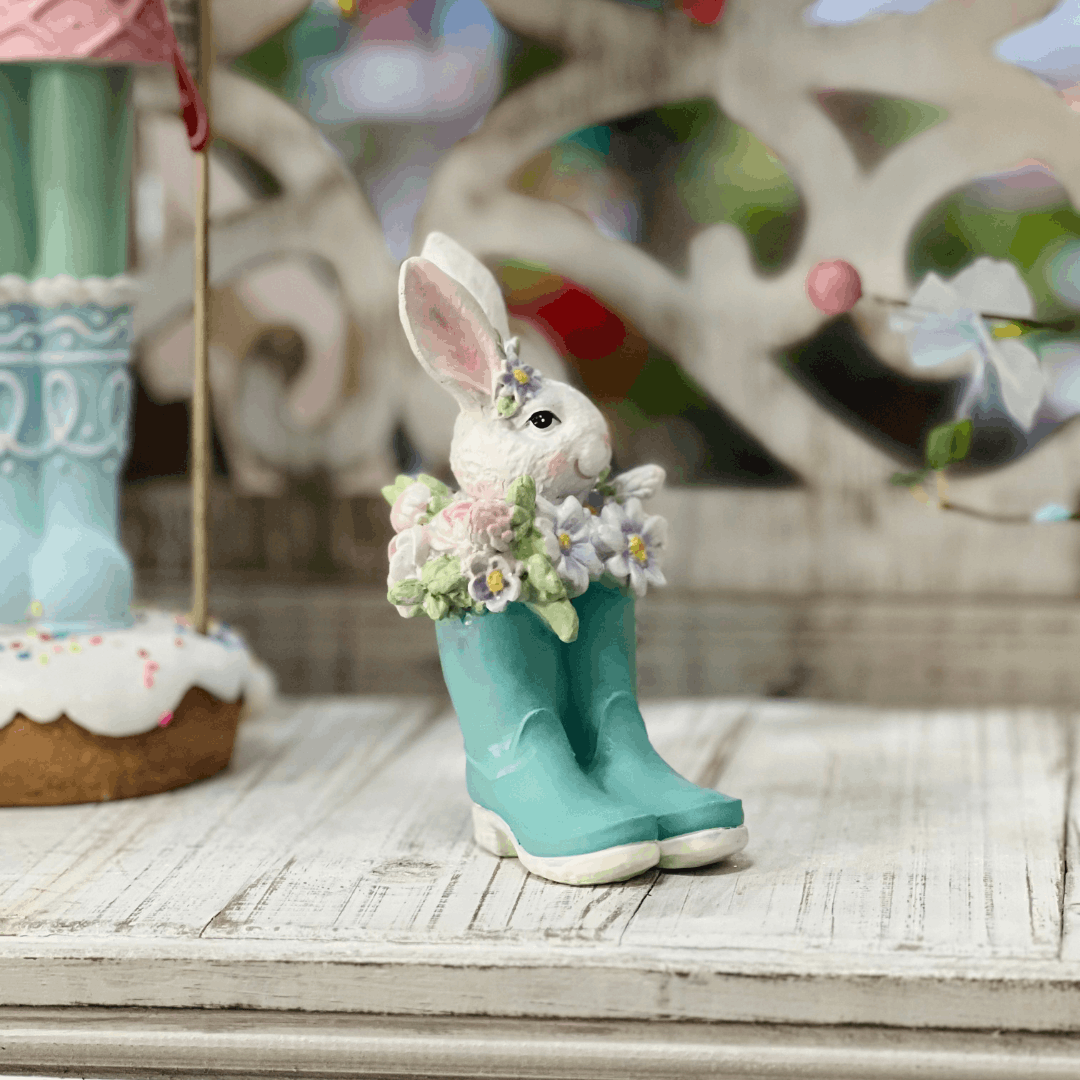 Coelho na Botinha Azul de Resina 15cm