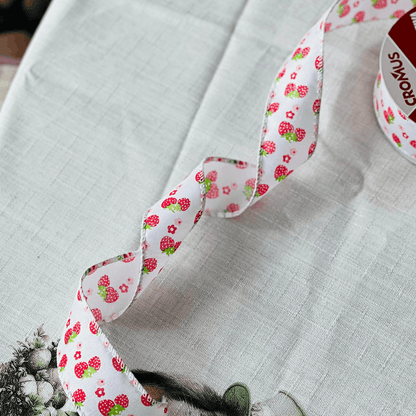 Fita Decorativa Aramada Morangos Branco e Vermelho 3,8cm x 9,14m