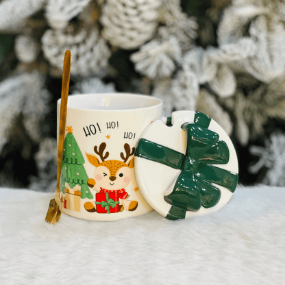 Caneca Natalina Rena Com Colher e Tampa de Cerâmica 300ml