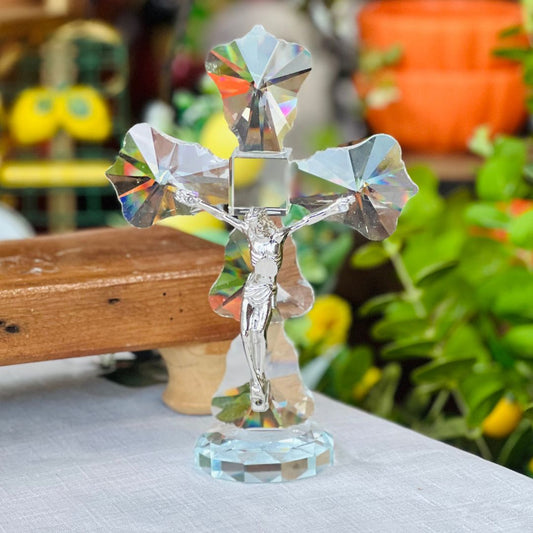 Crucifixo em Cristal Lapidado Ornamental com Base - 20cm