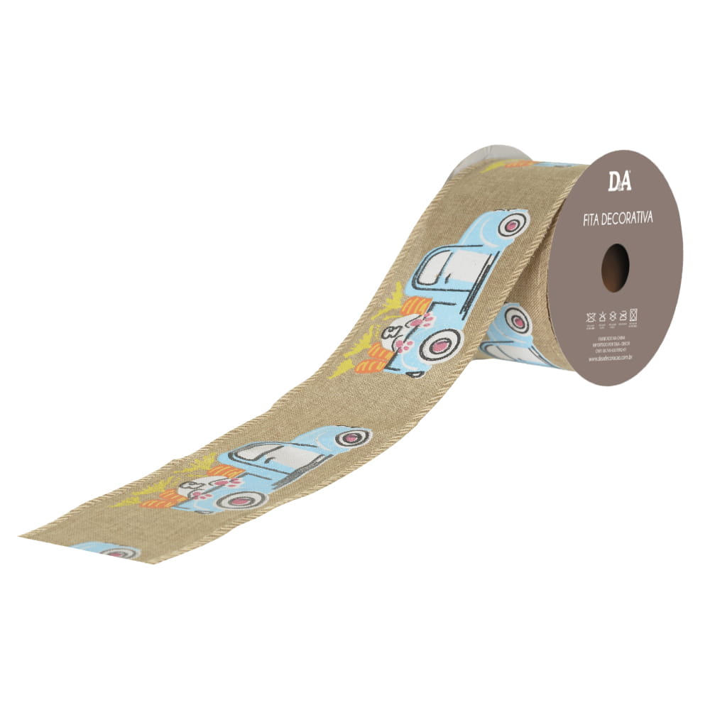 Fita Decorativa Aramada de Tecido com Costura Coelho Camionete 6,3cmX9,14m