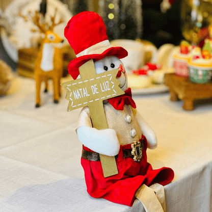 Boneco de Neve Natalino Sentado Vermelho e Dourado 54cm