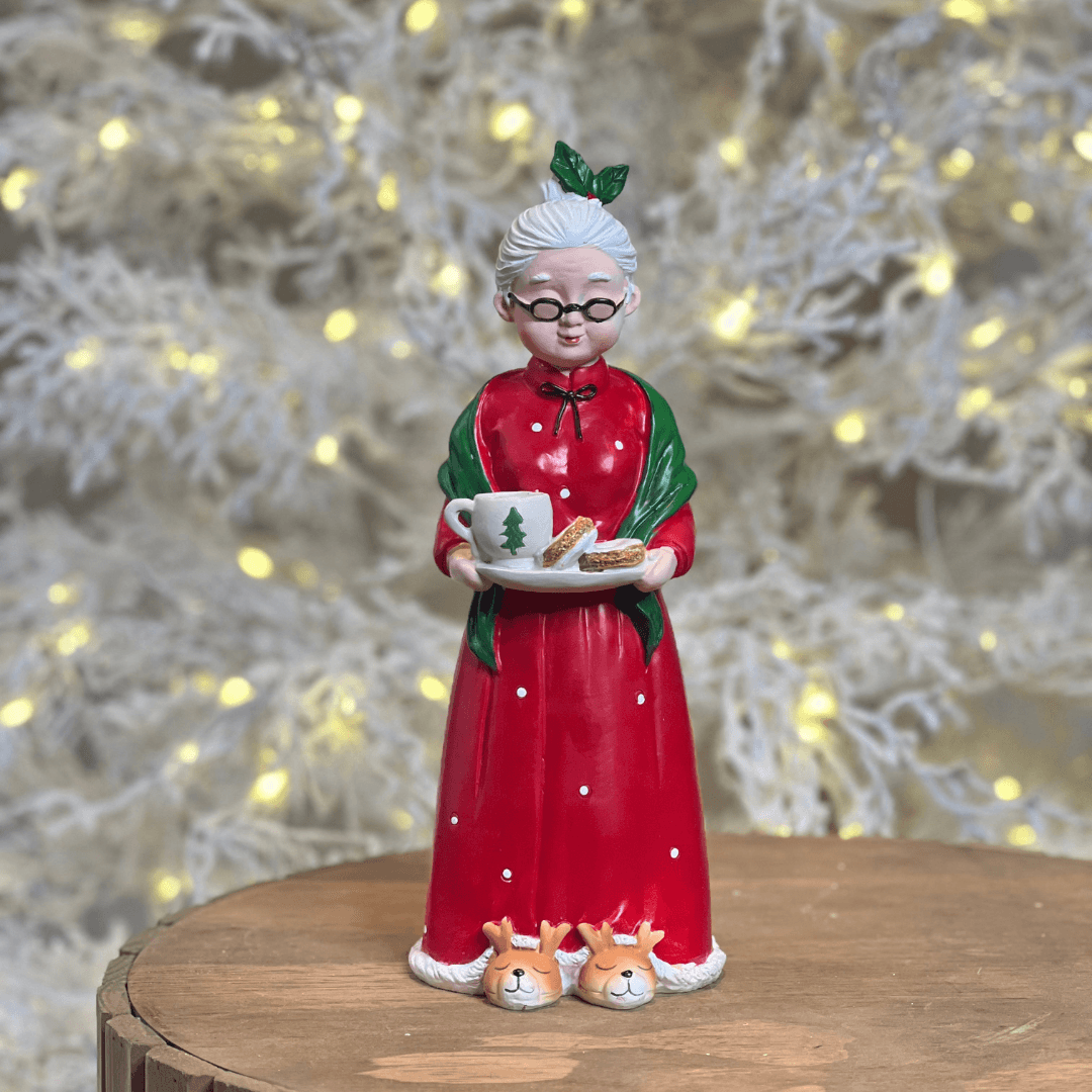 Mamãe Noel Decorativa com Bandeja de Chá em Poá – 31cm