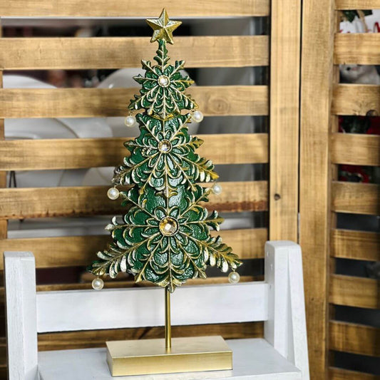 Árvore Decorativa de Natal em Resina Verde e Dourado – 37cm