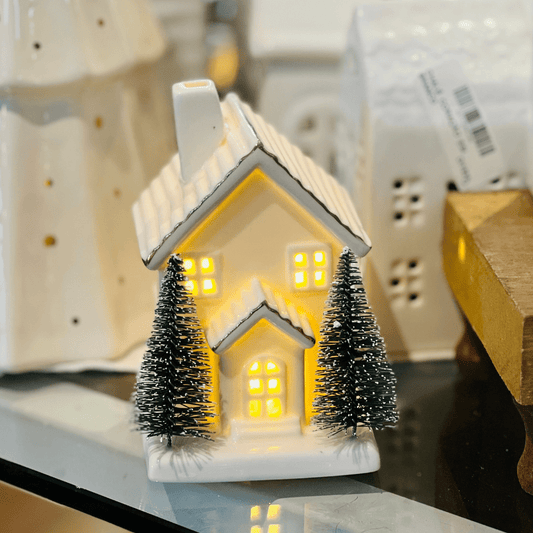 Casinha Decorativa Branca Com Led de Cerâmica 12,6x8,4x9,8cm