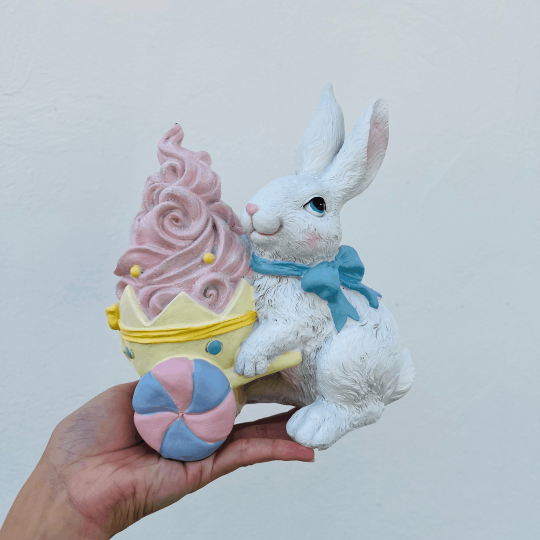 Coelho Com Carroça de Sorvete de Resina 18,8x12,1x20cm
