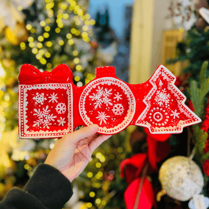 Petisqueira Natalina Flocos de Neve Vermelha de Cerâmica 34x15cm