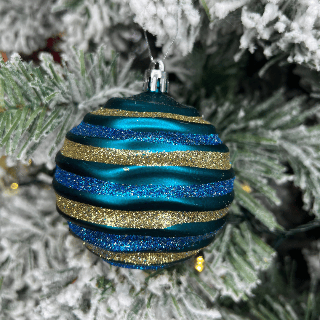 Caixa Com 3 Bolas de Natal Decorada Azul Listrada 8cm