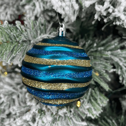 Caixa Com 3 Bolas de Natal Decorada Azul Listrada 8cm