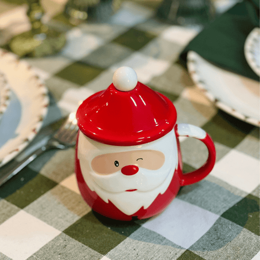 Caneca Papai Noel Com Colher e Tampa de Cerâmica 14cm