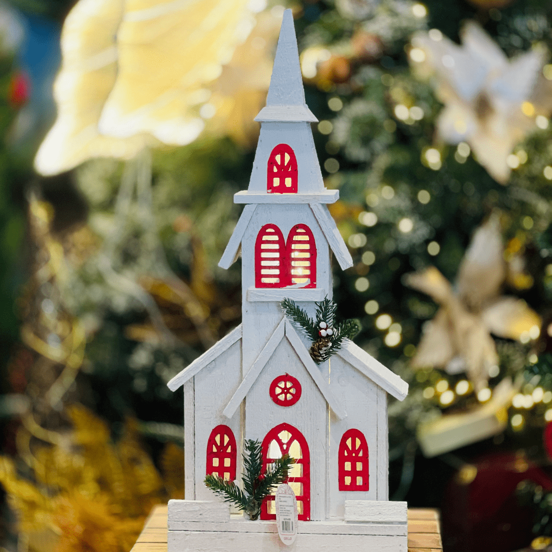 Casinha Com Led Vermelha e Branca de Madeira 56x25cm - Pilha