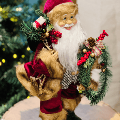 Papai Noel Com Casaco de Veludo e Guirlanda 40cm