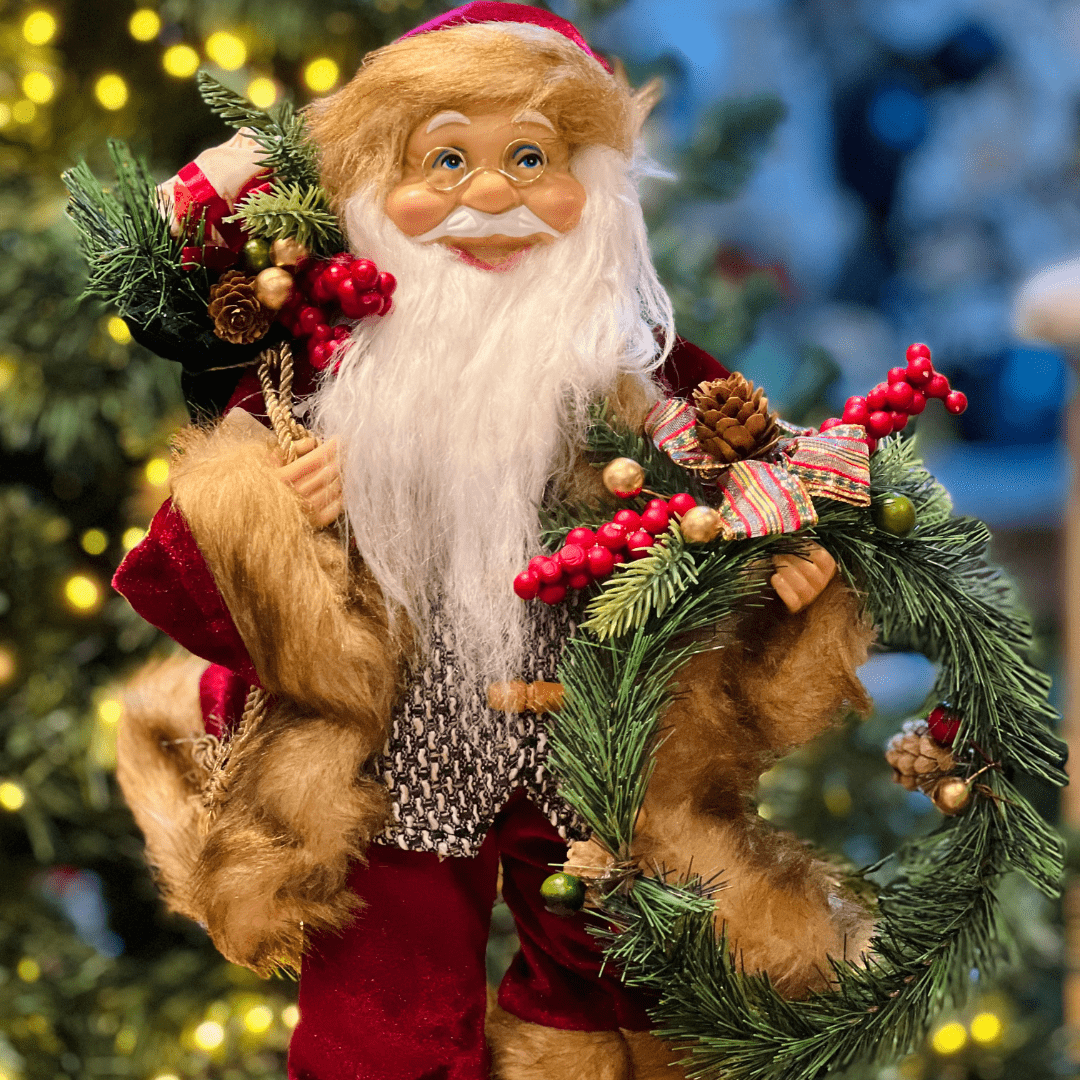 Papai Noel Com Casaco de Veludo e Guirlanda 40cm