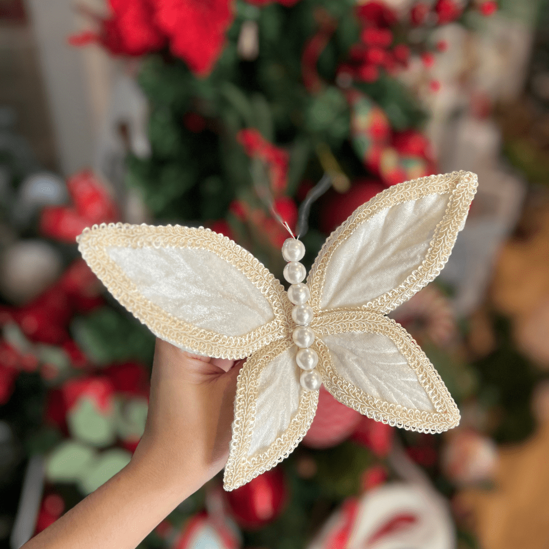 Galho Natalino Borboleta Aveludado Off White 17cm