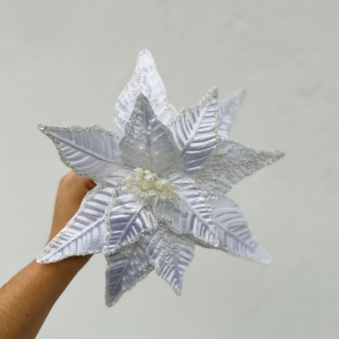 Haste Bico de Papagaio Natal com Pérolas Branca – 25cm